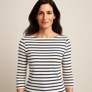 J. McLaughlin XS Navy White‎ Nautical Striped Cotton Stretch T-Shirt Top Preppy